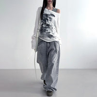 Personalized Distressed Print Diagonal Collar Loose Long-sleeve Women's Top