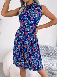 Women  Elegant Ruffle Trim Floral Print Tie Waist Pleated Dress