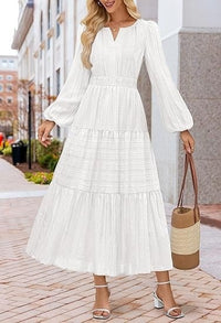 V-neck, Waist-cinched, Layered Puffed-sleeve Dress Fashionable Ruffled Maxi Skirt