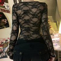 European And American Style Lace Stitching Sexy See-through Backless Short Top Round Neck Slim Fit Versatile Slimming