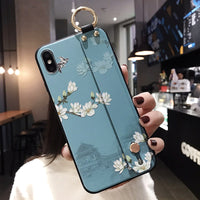 Compatible with Apple , Phone Case Vintage Floral Painted Embossed Wrist Strap