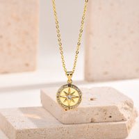 Fashion Lady Copper Zircon Compass Round Plate Pendant Gold Necklace Personality