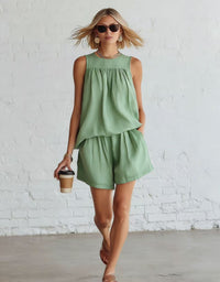 Cotton-linen Sleeveless Top And Wide-leg Shorts Set