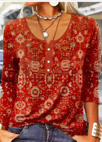 Women's Long-Sleeve Printed V-Neck Loose T-Shirt