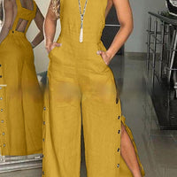 Women's Solid Color Sleeveless Side Pocket Casual Wide Leg Side Buckle Jumpsuit