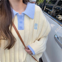 Women's Preppy Style Collar Contrast Color Loose Sweater