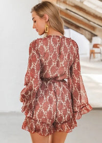 Ruffled printed long-sleeved V-neck short jumpsuit women loose