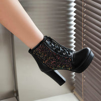 Autumn And Winter Thick Heel Lace-up Sequins Fashion Boots