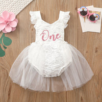 Baby Flounced Sleeve Lace Composite Mesh Floral Print Romper