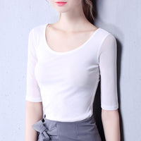 Women's Elegant Scoop Mesh T-shirt Solid Color Waist Stretch Top
