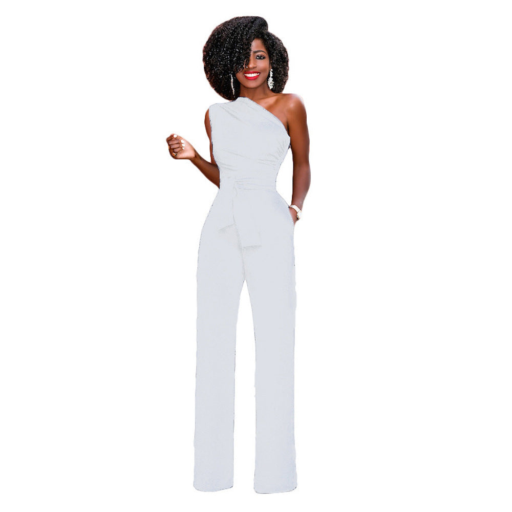 Solid color slant collar button up Jumpsuit