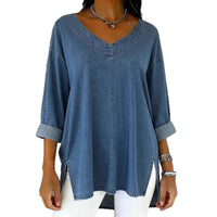 Female Solid Color Casual Street-Style Denim V-Neck Top
