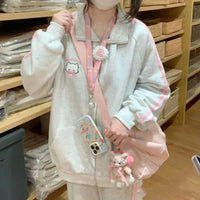 Cat Embroidery Two Bars Girl Heart Sports Suit Fleece Padded Coat Trousers Two-piece Set