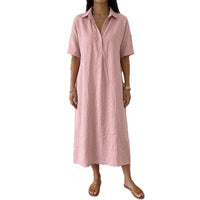 Straight-cut Comfortable Linen Short-sleeve Dress With A Polo Collar