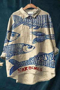 Women's Retro Fish Art Print Lapel Long Sleeve Shirt