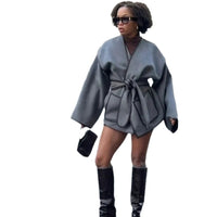 Elegant Retro Gray Women's Short Belt Overcoat