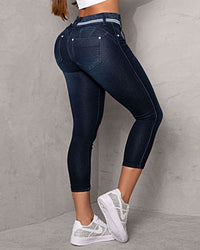 Striped Stitching Drawstring Tight Hip Raise Skinny Denim Ankle-length Pants