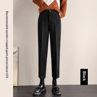 Women's Black Wool Pants With Fleece Lining For Autumn And Winter, Thick And Casual