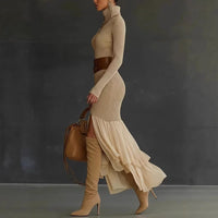 Womens High-neck Ribbed Midi Dress For Spring Autumn And Winter European And American Style