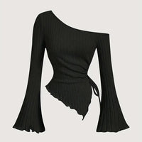 Design Sense Off-neck Long Sleeve Slim-fitting Simple Rope T-shirt