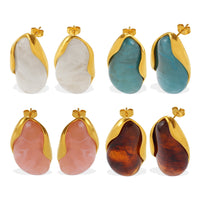 Retro Irregular Amber Powder-white-blue Gradient Gold-edge Earrings With Gold Trim - Non-fading, 18K Gold Plated, Unique Ear Jewelry For The Fashion-forward.