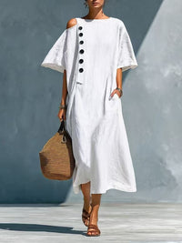 Solid-color Linen Crew-neck Short-sleeve Casual Dress For Women