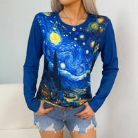 Womens Casual Versatile Loose Fitting Long Sleeve Crew Neck Top With A Starry Sky Design
