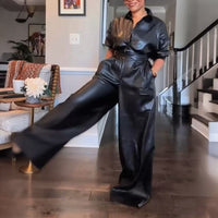 Black Pu Retro Loose Leather Button Pocket Jumpsuit