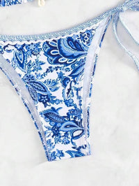 Blue And White Porcelain Printed Exercise Bikini Open Back Swimsuit Suit