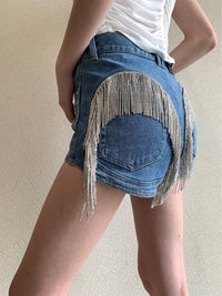 Women's Rhinestone Tassel Chain Stitching Denim Shorts