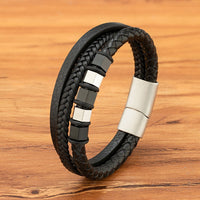 Multi-layer Mens Leather Braided Rope Stainless Steel Bracelet