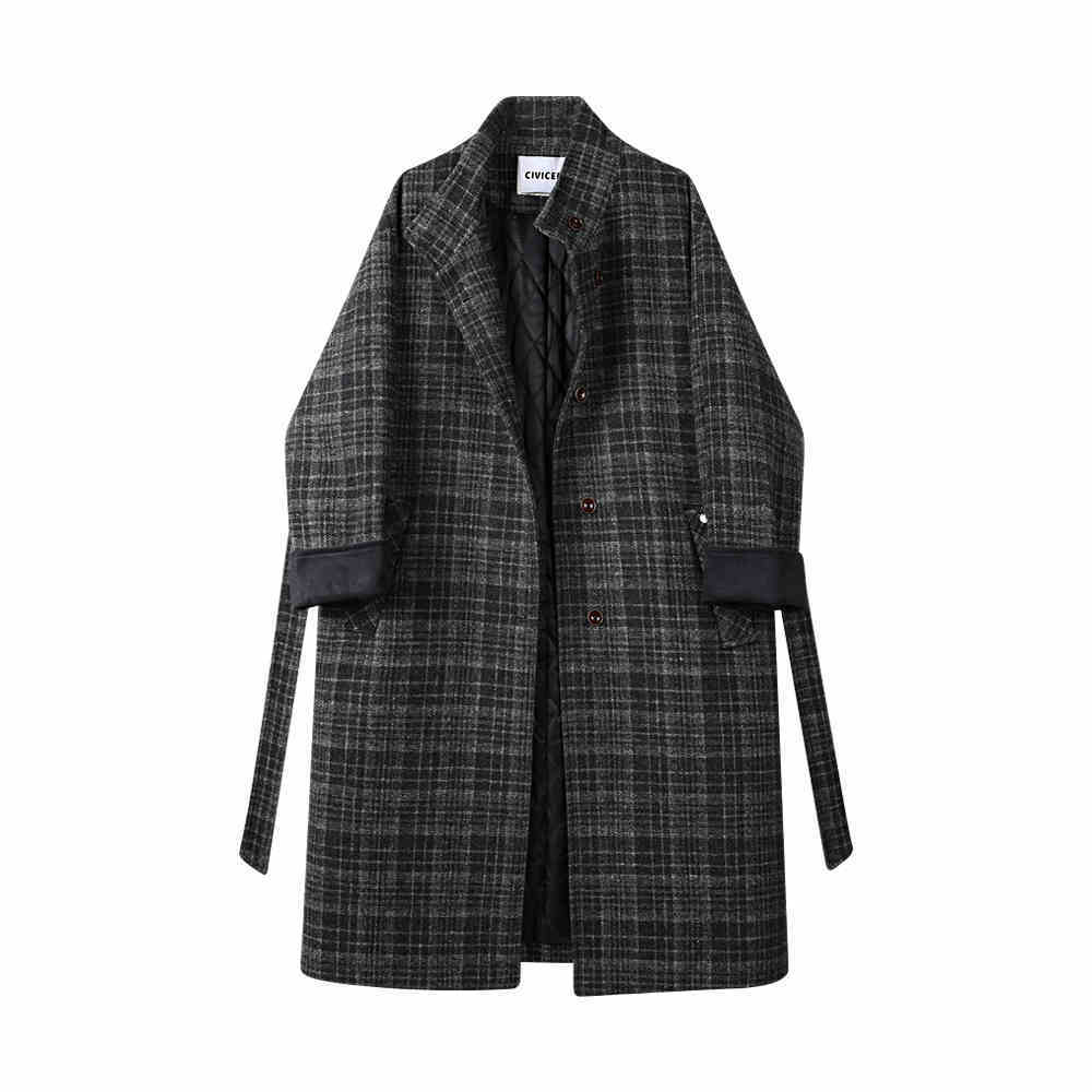 Cotton Padded Thickened Long Retro Stand Collar Checked Woolen Coat Women