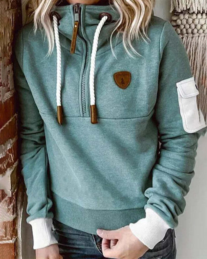 Half Zipper Patchwork Sweater Women