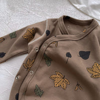 Printed Apple Leaf Placket Long-sleeve Jumpsuit Male And Female Baby Adjustable Buckle Romper