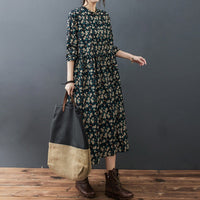Womens Loose Forest-Style Long-Sleeve Stand-Neck Printed Dress