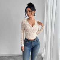 Solid Color Sexy Lace V-neck Long Sleeve T-shirt
