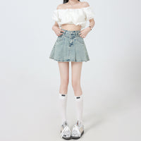Retro High Waist Slimming Light Blue Denim Pleated Skirt