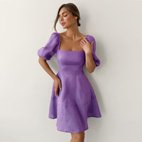 Womens New Elegant Square-Neck Short-Sleeve High-Waist Dress