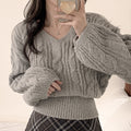 New Korean-style Relaxed-fit Solid-color Cable-knit Sweater With Lantern Sleeves