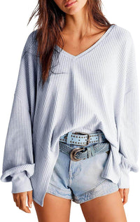 Women's Waffle Knit Blouse Lantern Sleeve Casual Shirt