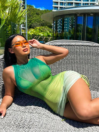Sexy Triangle Bag Mesh Bikini Three-piece Gradient Color Hip Skirt Beach Hot Spring Bikini