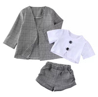 White Upper Garment Gray Plaid Suit 3-piece Set