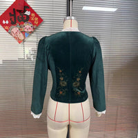 Womens V-neck Retro Black Velvet Shirt With Puffed Sleeves