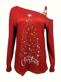 Casual Christmas Printed Long Sleeve Off-the-shoulder T-shirt