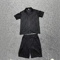 Men's Wave Pattern Casual Breathable Solid Color Short Sleeve Shorts Suit