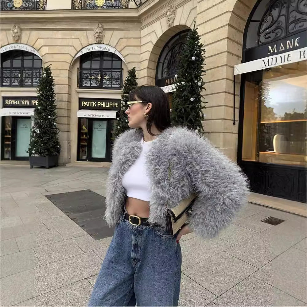 Wool Light Gray Round Neck French Artificial Fur Short Coat