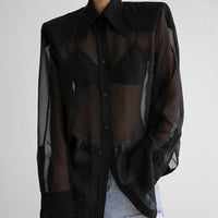Women's Fashion Design Sense See-through Black Gauzy Shirt