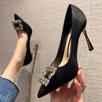 Rhinestone Stiletto Women's Shoes Net Red Satin Slim