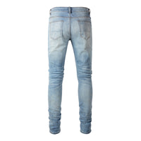 Cashew Flower Printed Patch Slim Fitting Light Colored Jeans For Men