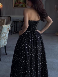 Black Strapless Polka Dot Full Skirt Maxi Dress